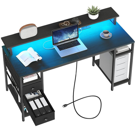 HOOBRO Computer Desk with LED Lights & Power Outlets, 55 inch Gaming Desk with Printer Storage Shelves and Drawers, Desk for Home Office, Study, Working, Black BB48UDDN01 HOOBRO