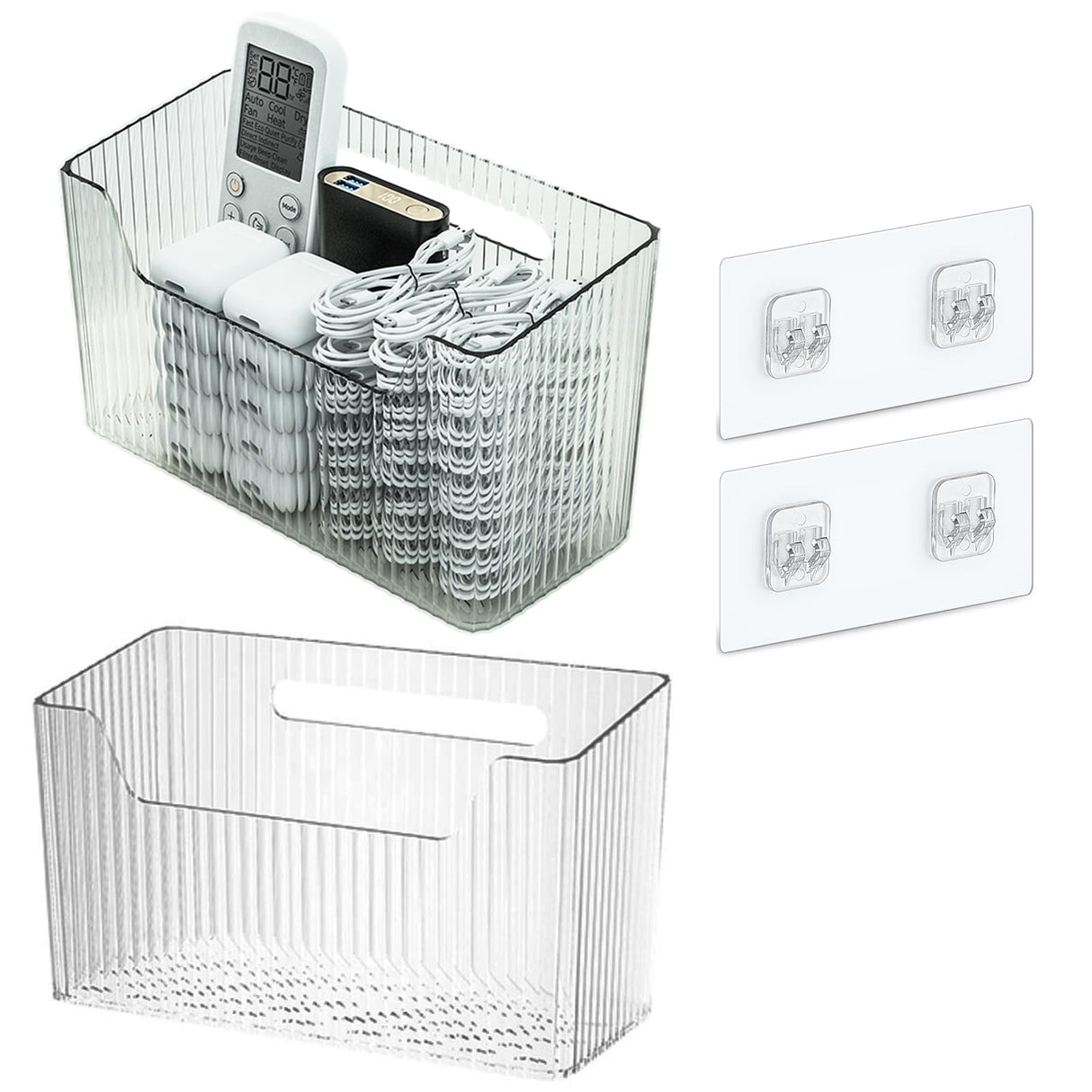 Set Of 2 Storage Organizer Bins Wall Mounted Organizer Basket, Shower Caddy Stackable Clear Plastic Makeup Organizer Adhesive Hanging Bin for Bathroom, Kitchen, Cabinet, Pantry, BPA Free, Large, Clear Lae Nuvole