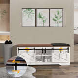 IDEALHOUSE 47'' Farmhouse Shoe Storage Bench with Padded Seat Cushion, End of Bed Entryway Bench with 2 Barn Doors, Adjustable Shelf for Entryway, Living Room, Bedroom White IDEALHOUSE