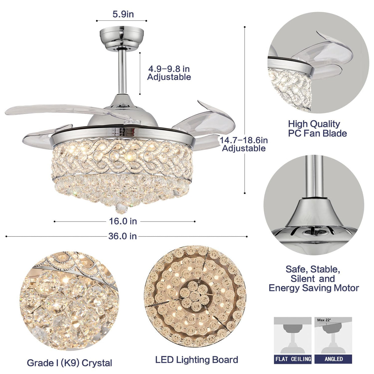 PAFRUMGE 36" Crystal Ceiling Fan with Light and Remote，Dimmable Fandelier with Invisible Retractable Blades, Modern Chandelier Ceiling Fans with Lights for Bedroom Living Room 6 Speed Chrome PAFRUMGE