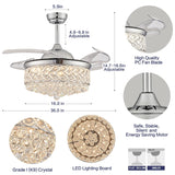 PAFRUMGE 36" Crystal Ceiling Fan with Light and Remote，Dimmable Fandelier with Invisible Retractable Blades, Modern Chandelier Ceiling Fans with Lights for Bedroom Living Room 6 Speed Chrome PAFRUMGE