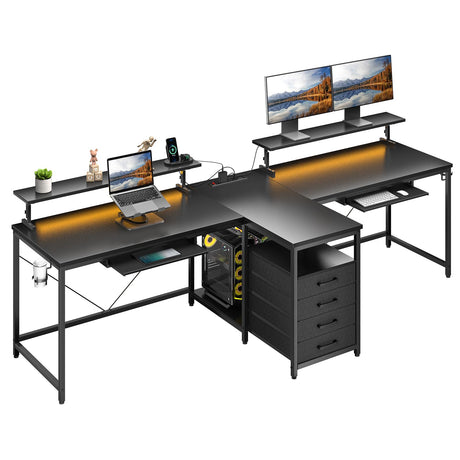 DOMICON 2 Person Desk with Power Outlet & LED Lights, Extra Long 94.5 Inch Computer Desk with Storage Shelves and Monitor Stand for Home Office, Double Gaming Desk, Black DOMICON