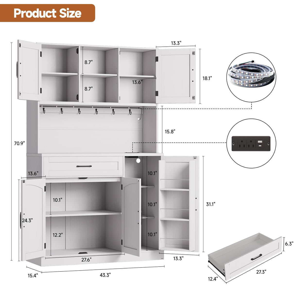 ONBRILL 71" Pantry Cabinet, Kitchen Pantry Storage Cabinet with LED Light & Outlet, Kitchen Hutch with Microwave Shelf & 6 Hooks, Door Shelves & Drawer & Adjustable Shelves, for Kitchen, Dining Room ONBRILL