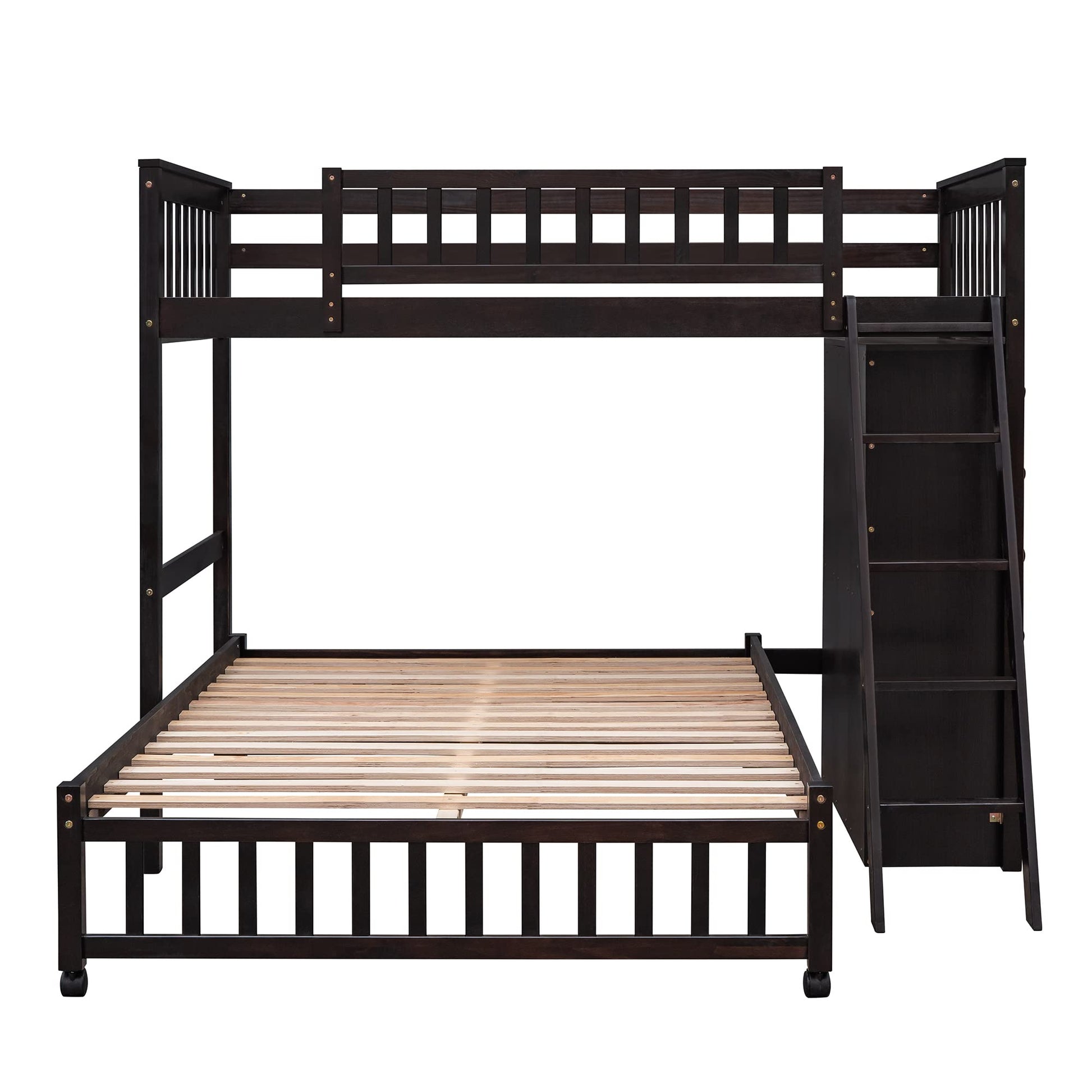 Harper & Bright Designs Twin Over Full Bunk Bed with Storage and Removable Lower Bed in Espresso - WoodArtSupply