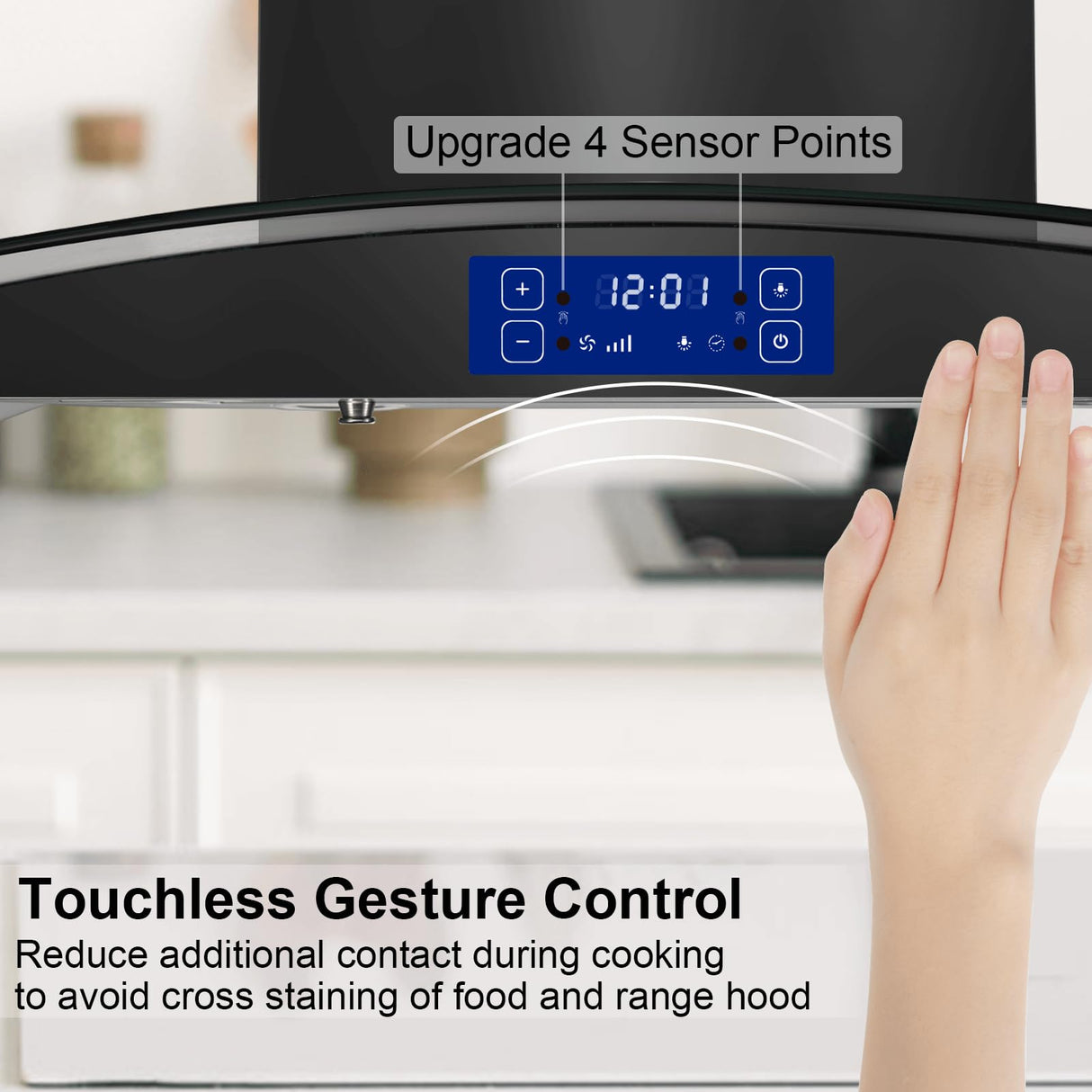 JOEAONZ 36 inch Island Range Hood 700CFM Black Painted Stainless Steel, Gesture & Touch Control Panel Ceiling Mount Kitchen Vent Hood Ducted/Ductless Convertible Extractor, Exhaust Fan 4 LED Lights JOEAONZ