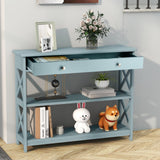 GOFLAME 3-Tier Sofa Tables, Long Narrow Console Table with Large Drawer & 2 Open Storage Shelves, Wooden Entry Table, Modern Entryway Table with Storage for Living Room, Entryway, Hallway (Green) GOFLAME