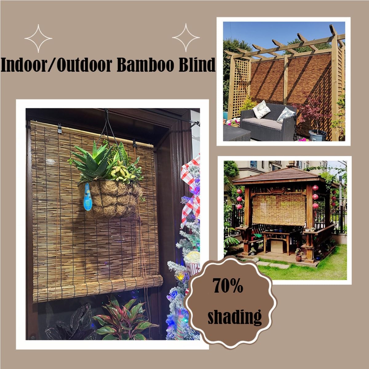 Outdoor Bamboo Shades for Patio, Bamboo Window Blind Roll Up Waterproof Woven Reed Roller Shades Natural Blackout Curtains Cordless With Lifter, 24" 32" 36" 48" 55" 62" 76" Width(66"W x 48"H) KAKVSRBPER