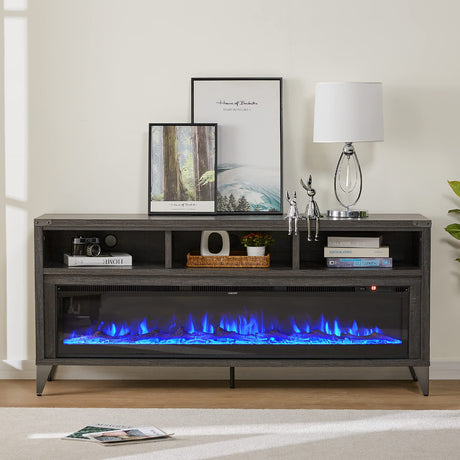 AMERLIFE 65" Fireplace TV Stand with 60" Glass Electric Fireplace, Industrial & Farmhouse Media Entertainment Center with Open Shelve Storage for TVs Up to 75", TV Console for Living Room, Gray AMERLIFE