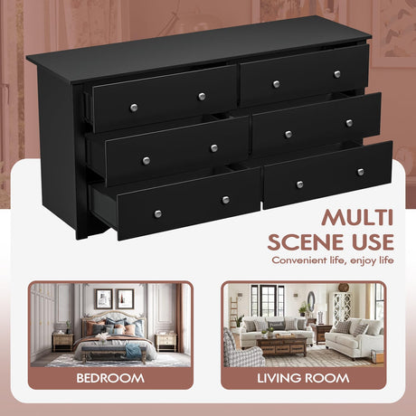 Shahoo Wood Dresser for Bedroom, Wide Chest of Drawers with 6 Drawers,Storage Tower Unit, Modern Closet Store Organizer for Living Room, Hallway (Black) Shahoo