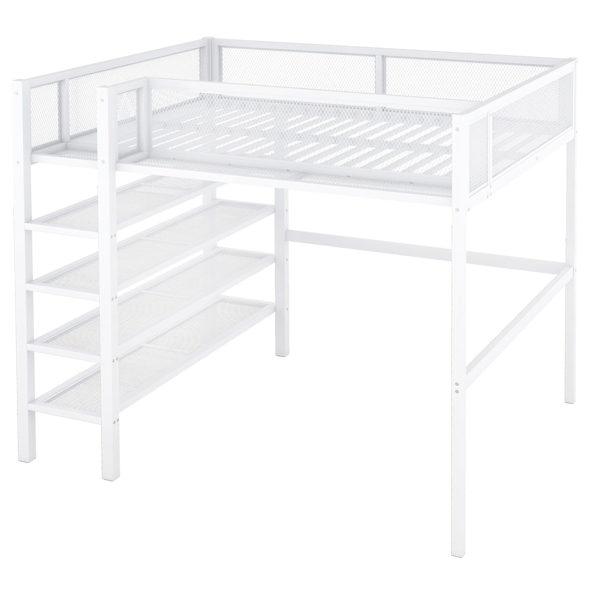 Bellemave Full Size Loft Bed with 4-Tier Shelves and Storage, Metal Loft Bed with Bookshelf, Full Size Loft Bed with Storage Stairs(White) Bellemave