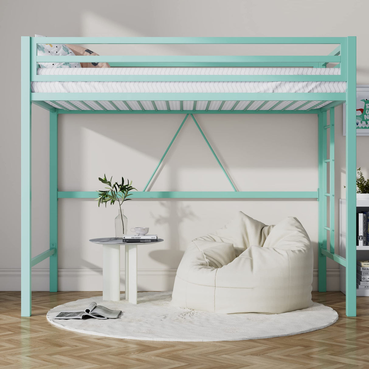 SHA CERLIN Loft Bed Twin Size with Ladder and Guardrail,Heavy Duty Metal Slats Support No Box Spring Needed Small Space Saving Furniture for Bedroom Dorm,Aqua Blue SHA CERLIN