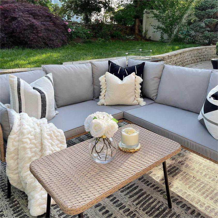 YITAHOME 4 Pieces Patio Furniture Set, Outdoor Wicker Conversation Sectional L-Shaped Sofa with 5 Seater for Backyard, Porch, Boho Detachable Lounger with Thickness Cushions and Side Table - Grey YITAHOME