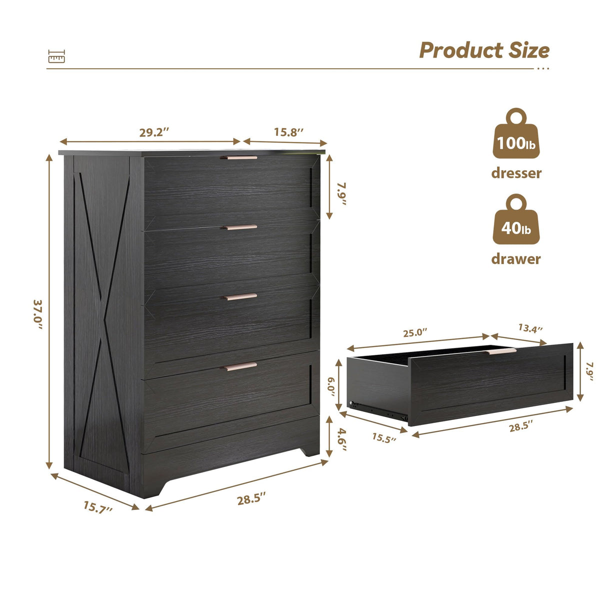 FTZxHKLX Modern 4 Drawer Dresser for Bedroom, Tall Bedroom Dresser with Large Drawer & Rose Gold Handles, Wooden Storage Organizer Cabinet Chest of Drawer for Closet, Living Room, Hallway, Black FTZxHKLX