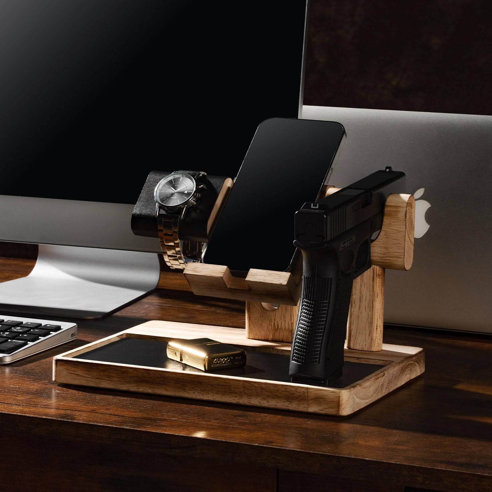 DGWJSU Pistol Rack for Gun Safe, Wood Handgun Rack Holder for Gun, Phone Docking Station as Nightstand Organizer as Gifts for Men Boyfriend Husband Father in Anniversary Birthday Christmas - WoodArtSupply