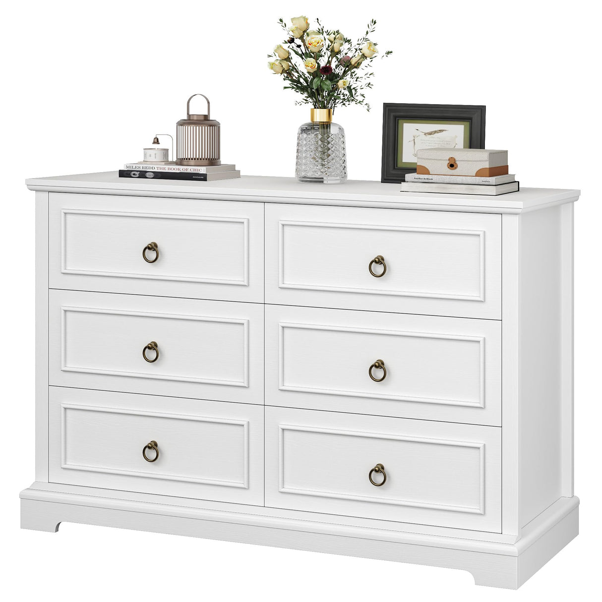 HOSTACK 6 Drawer Double Dresser, Modern Farmhouse Chest of Drawers, Wide Dressers Organizer, Accent Wood Storage Cabinet for Living Room, Hallway, White HOSTACK