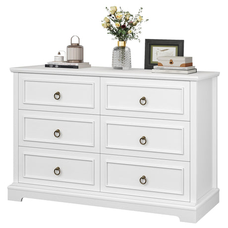 HOSTACK 6 Drawer Double Dresser, Modern Farmhouse Chest of Drawers, Wide Dressers Organizer, Accent Wood Storage Cabinet for Living Room, Hallway, White HOSTACK