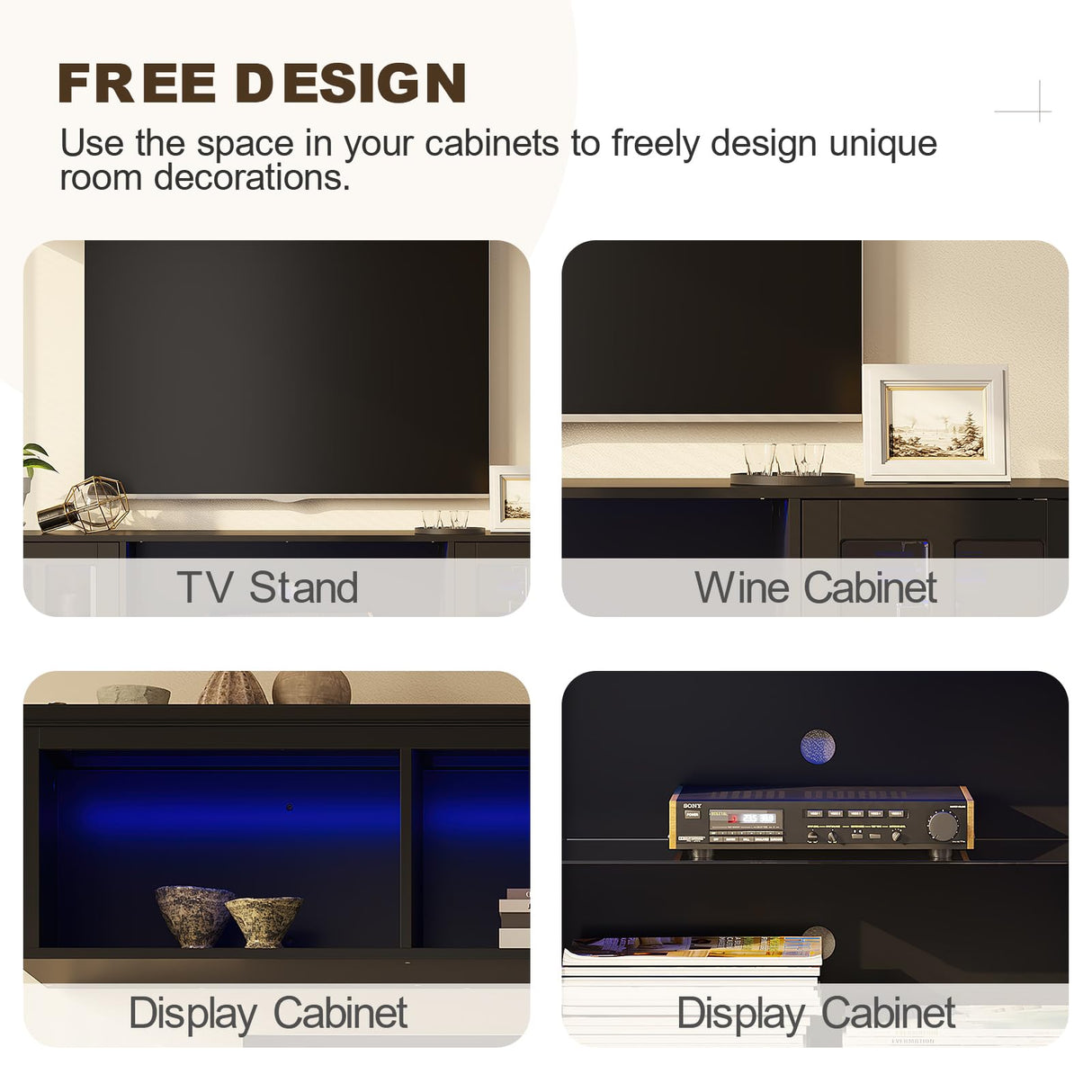 MEISSALIVVE 4-Piece Wall Unit TV Stand with Storage & LED Lights for TVs up to 75", Modern Entertainment Center with Bookshelves & 4-Door Pantry Cabinet, Black MEISSALIVVE