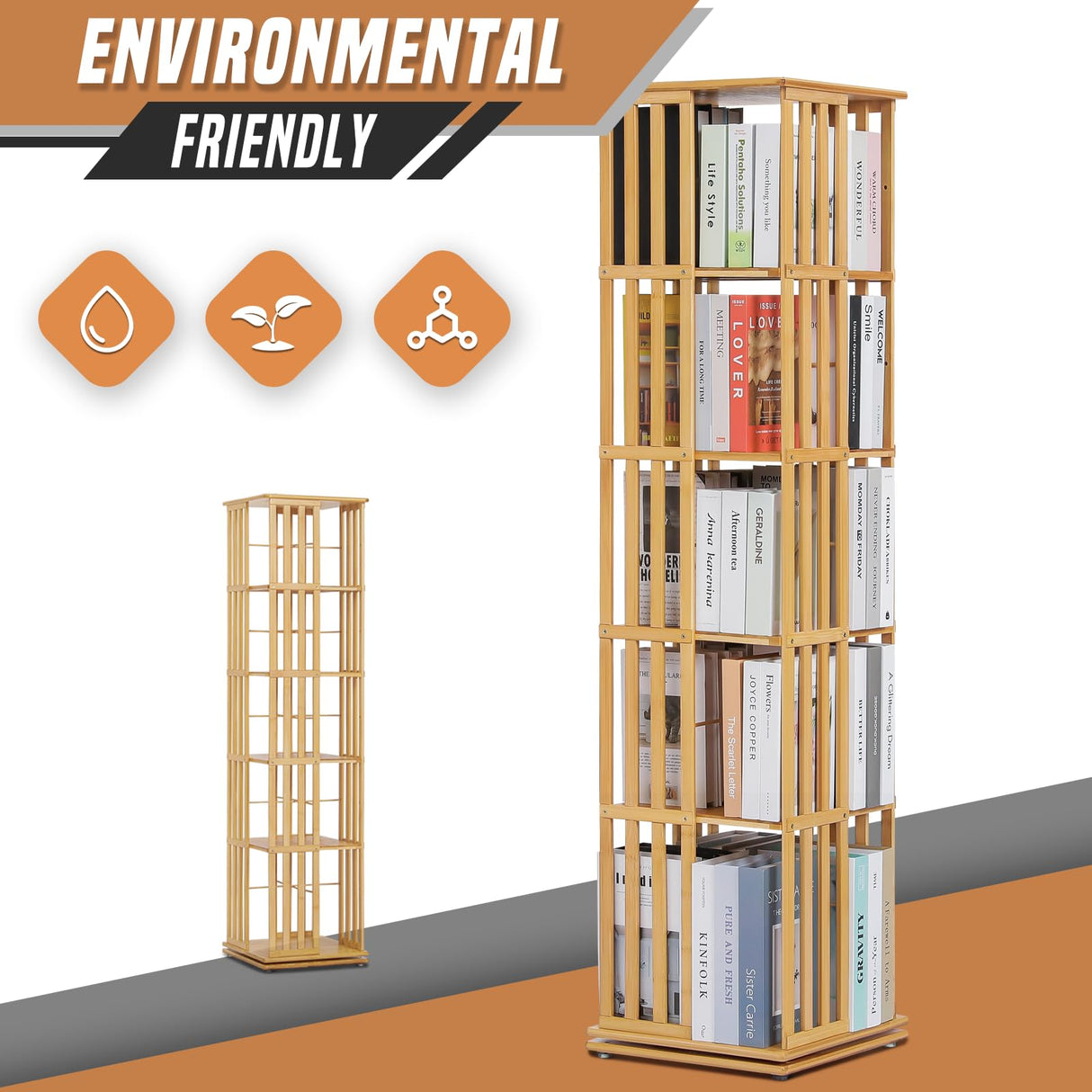 SFIHOME Bamboo Rotating Bookcase 5-Tierd Rotating Bookshelf Tower for Storage, Revolving Floor Standing Book Shelves 360 Degree Spinning Bookshelf for Living Room, Bedroom, Office and Library SFIHOME