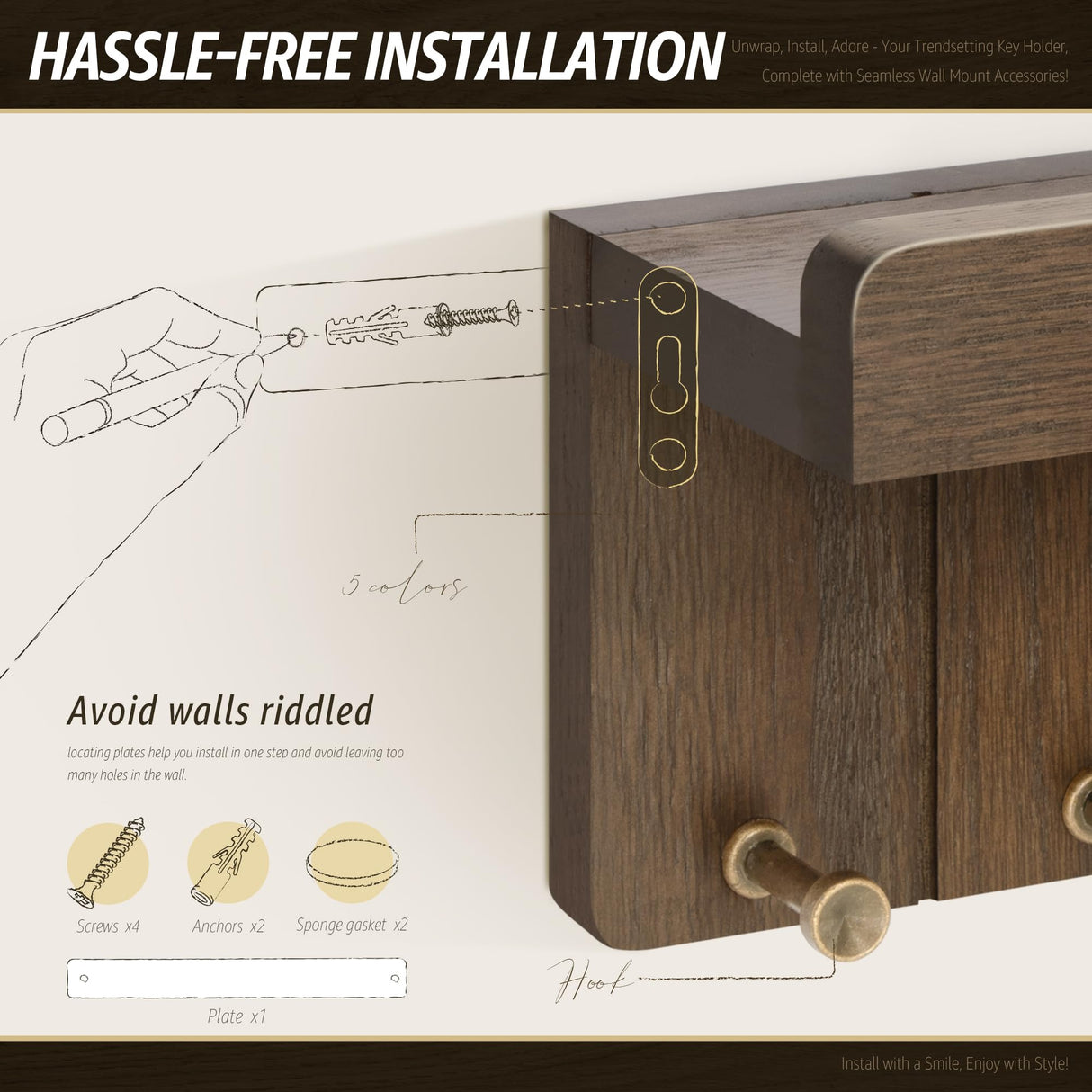 Rebee Vision Farmhouse Key Holder Wall Mount - Small Key and Mail Holder for Wall with 4 Hooks and Mini Floating Shelf - Ideal Apartment Essentials for Room Decor Aesthetic (Rustic Brown) Rebee Vision