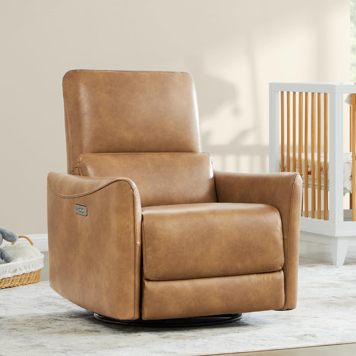 CHITA Power Recliner Chair Swivel Glider, FSC Certified Upholstered Faux Leather Living Room Nursery Reclining Sofa Chair with Lumbar Support, Cognac Brown CHITA
