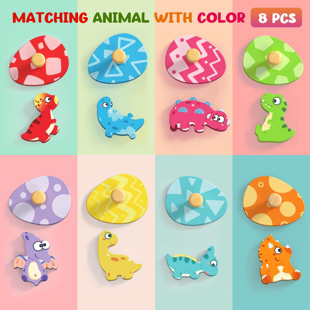 Zeoddler Wooden Puzzles for Toddlers, 8 Pcs Dinosaur Matching Egg Puzzle, Montessori Toys for Boy Girl Easter Birthday Gifts, Preschool Learning Activities & Educational Toys for Boys, Girls Zeoddler
