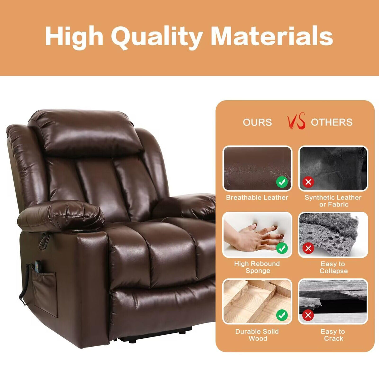 PARKOL Power Lift Recliner Chair for Elderly Breathable Leather Recliner Chair with Massage and Heat for People Limited Mobility,2 Cup Holders,Electric Stand Assist,USB Ports,Gifts for Family (Brown) PARKOL