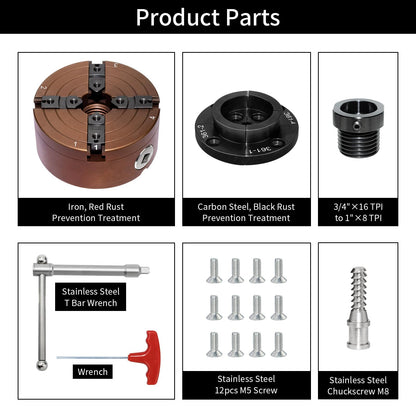 SIIIXS 4 Inch Wood Lathe Chuck Set 1" x 8TPI Thread & 3/4"x16TPI Adapter, Self-Centering 4 Jaw Wood Turning Chuck - WoodArtSupply