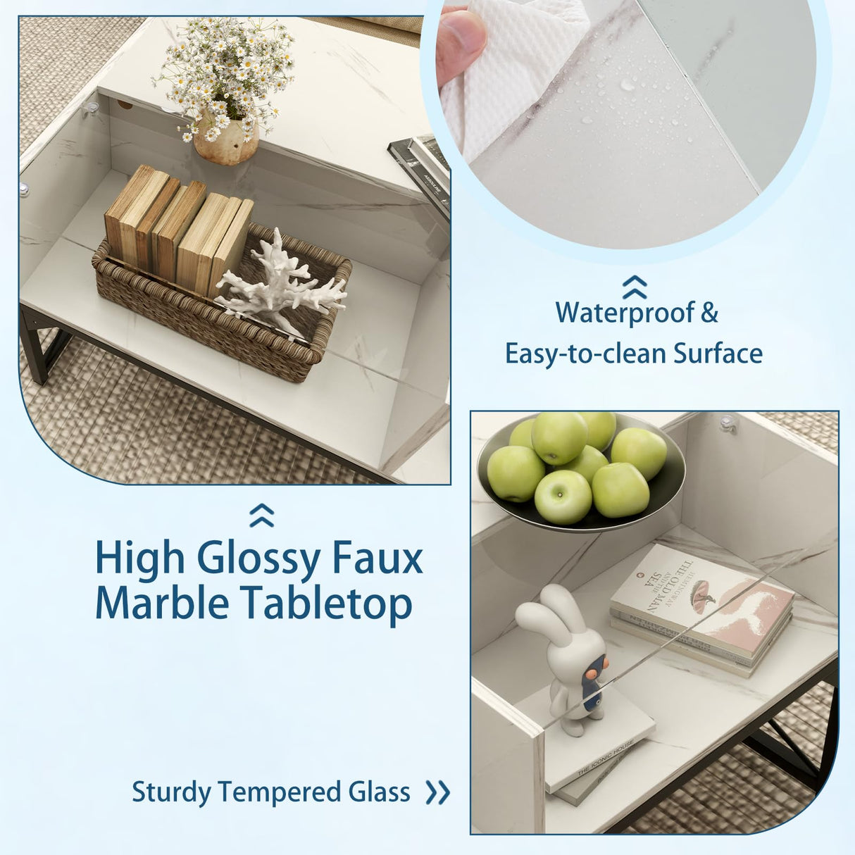 Tangkula LED Coffee Table, High Glossy Center Table with 4 Storage Cubes, Faux Marble & Tempered Glass Top, Adjustable Light Colors, Remote Control, Modern Cocktail Table for Living Room (White) Tangkula