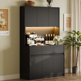 GarveeHome 71" Kitchen Pantry Cabinet, Kitchen Hutch Storage with Led Lights and Power Outlets, Buffet Cabinet with Microwave Stand, Adjustable Shelves, Handless Design, Black GarveeHome