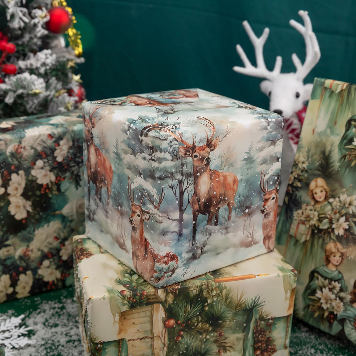 Vnaaem Watercolor Christmas Wrapping Paper 6 Style Reindeer Santa Forest and Flower Holiday Style Gift Wrap for Winter Party Vacation Baby Shower - 20 X 28 Inches 6 Folded Sheets Vnaaem