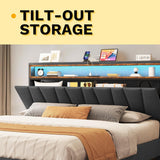 DWVO King Size Bed Frame with Storage Headboard, Upholstered Bed Frame with LED Lights, Platform Bed with Charging Station, No Box Spring Needed, Easy Assembly, Grey DWVO