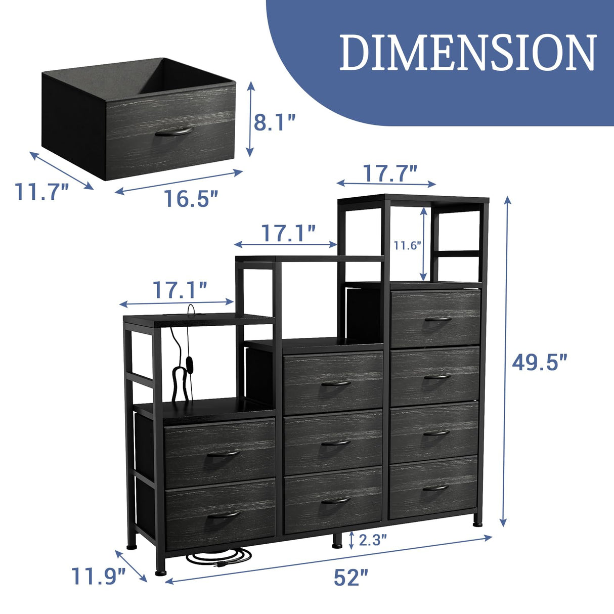 HPWLYO 9 Drawer Dresser with LED Light, Tall Fabric Drawers Dresser for Bedroom with Power Outlets, Dressers & Chests of Drawers with 3 Shelves for Bedroom HPWLYO