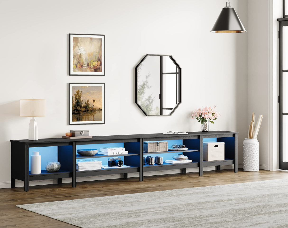 WAMPAT TV Stand for 100 Inch TV with 16 Changable LED Lights, Black Entertainment Center for 80 85 90 inch TV Console Table with 6 Cubby Storage for Living Room Bedroom, 95 inch WAMPAT