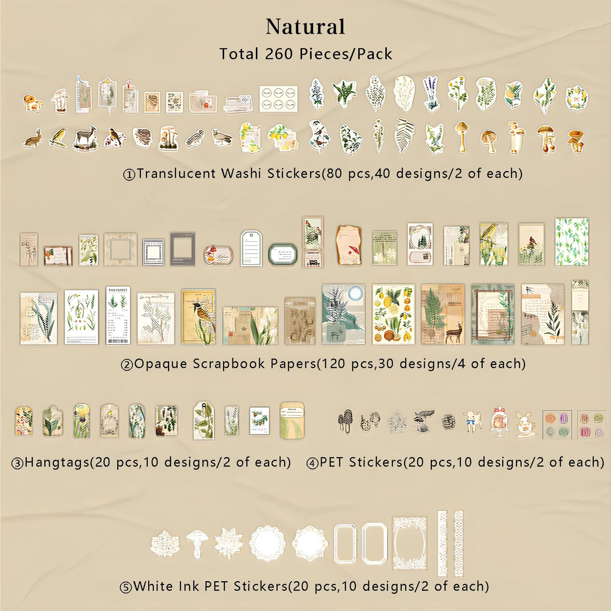 Teniinet 260 PCS Vintage Scrapbooking Supplies Aesthetic Journaling Kit,Large Collection for Bullet Junk Journals,Arts Craft Collage,Ephemera Adults,Beginners,Girls Teenage School Style(Natural) Teniinet