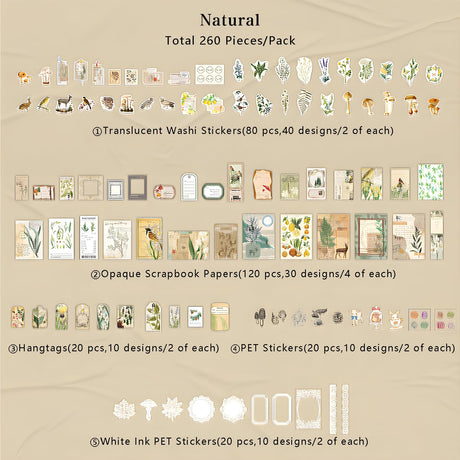 Teniinet 260 PCS Vintage Scrapbooking Supplies Aesthetic Journaling Kit,Large Collection for Bullet Junk Journals,Arts Craft Collage,Ephemera Adults,Beginners,Girls Teenage School Style(Natural) Teniinet