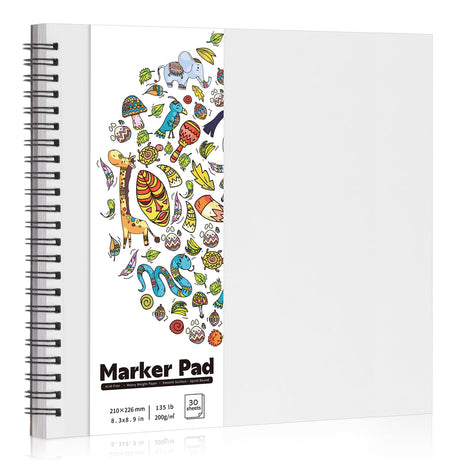 135lb/200gsm Marker Paper Pad, 8.3×8.9in Double Sided Bleedproof Sketch Pad, 30 Sheets Art Paper Spiral Sketchbook, Smooth Painting Coloring Alcohol Marker Paper for DIY, Gift Prudiut