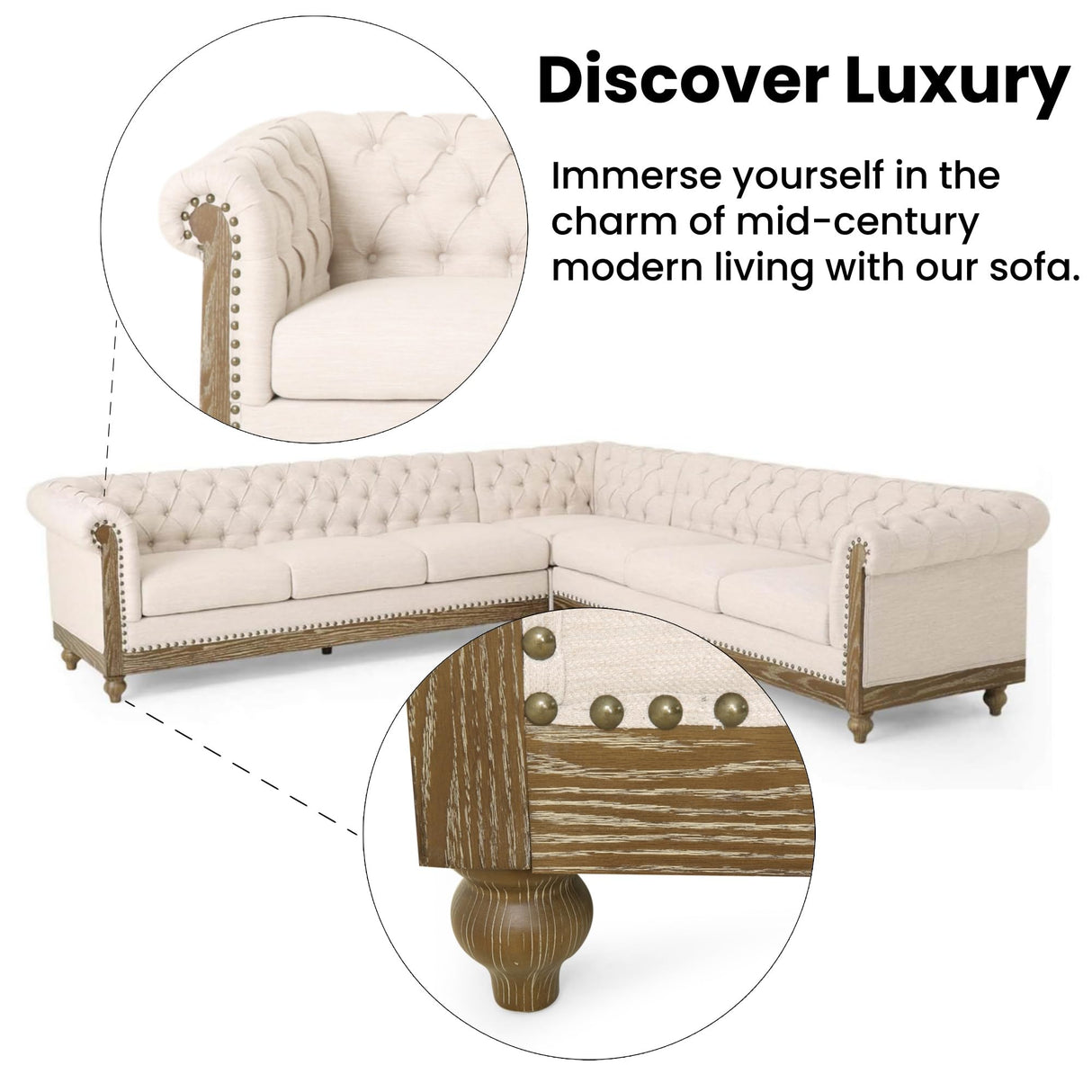 Merax Chesterfield Sofa, Retro Upholstered 6 Seater Rolled Arm Couch for Living Room Bedroom Office, Beige Merax