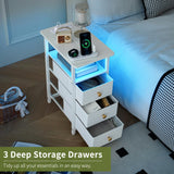 Yoobure End Table with Charging Station, LED Narrow Side Table Bedside Table, Small Night Stand End Tables Living Room, Skinny Nightstand with 3 Fabric Drawers, Side Tables Bedroom for Small Spaces Yoobure