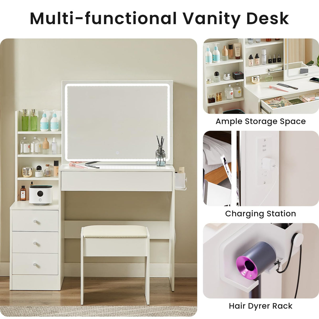 Vanity Desk with Large LED Mirror, Large Vanity Table with Charging Station, Makeup Vanity Desk with Drawers for Bedroom Dressing Room, Women Girls (White) Wanttii