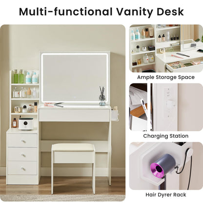 Vanity Desk with Large LED Mirror, Large Vanity Table with Charging Station, Makeup Vanity Desk with Drawers for Bedroom Dressing Room, Women Girls (White)