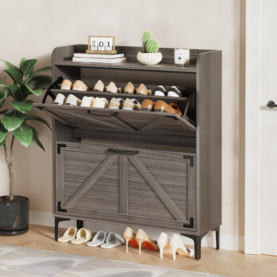 Derfullo Shoe Cabinet with 2 Flip Drawers,Shoe Storage Cabinet for Entryway,Freestanding Shoe Cabinet Organizer with Open Storage, Narrow Farmhouse Shoe Rack with Legs, Washed Gray