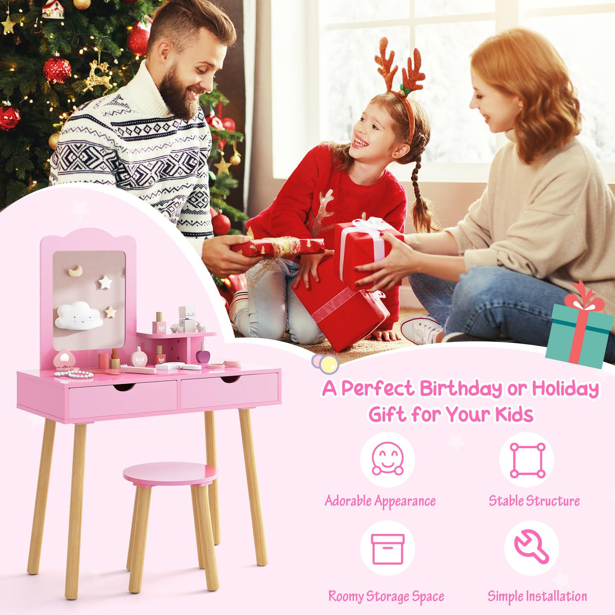 Costzon Kids Vanity Set, Girls Vanity Set with Mirror and Stool, 2 Large Drawers, Storage Shelf, Wooden Princess Makeup Dressing Table, Pretend Play Vanity Table and Chair Set for Toddlers (Pink) Costzon