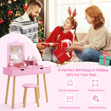 Costzon Kids Vanity Set, Girls Vanity Set with Mirror and Stool, 2 Large Drawers, Storage Shelf, Wooden Princess Makeup Dressing Table, Pretend Play Vanity Table and Chair Set for Toddlers (Pink) Costzon