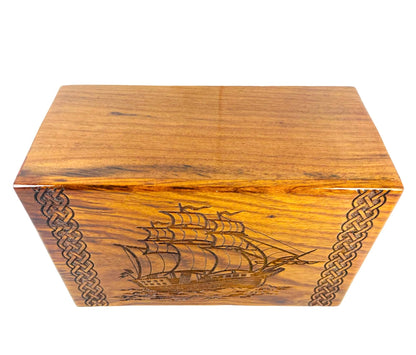 Sunrise Wood Store Wooden Urn for Human Ashes-Premium Handcrafted Rosewood Urn Box for Adult Male/Female-Handmade Viking Ship Engraved Funeral Urn