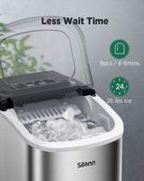 Silonn Ice Makers Countertop, Portable Ice Maker with Self-Cleaning 9 Cubes Ready in 6 Mins 26Lbs/24H 2 Sizes of Bullet Ice, Ice Machine for Home Kitchen and Office Bar Party,Stainless Steel Silonn