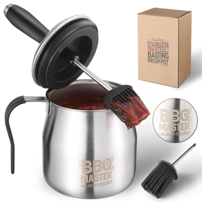 BBQ Basting Pot with Brushes，Grilling Gifts for Men，Valentines Day Gifts For Him，Grill Gift for Dad，Premium Stainless Steel 304 Barbecue Basting Pot Brush Set，32oz. BBQ Sauce Container Cooking Gift Grill Gadgets for Men