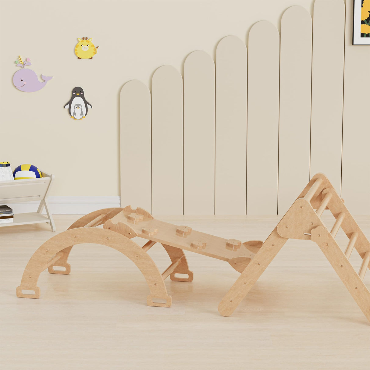 Cozy Castle 5 in 1 Pikler Triangle Set, Foldable Climbing Toys Indoor Playground, with Arch Climber, Rocker, Jungle Gym, Oak Cozy Castle