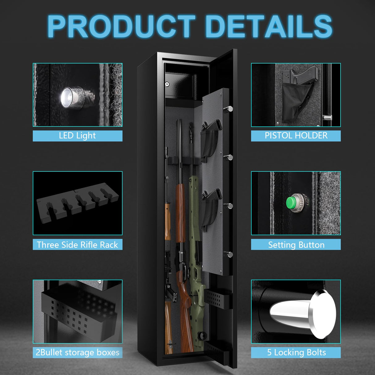 HEANVO 2-3 Rifle Safe, Small Gun Safe for Home Rifles and Pistols, Quick Access Gun Safe for Guns with Alarm System, Home Gun Security Cabinet with Digital Keypad, Gun Locker for Shotgun Firearms HEANVO
