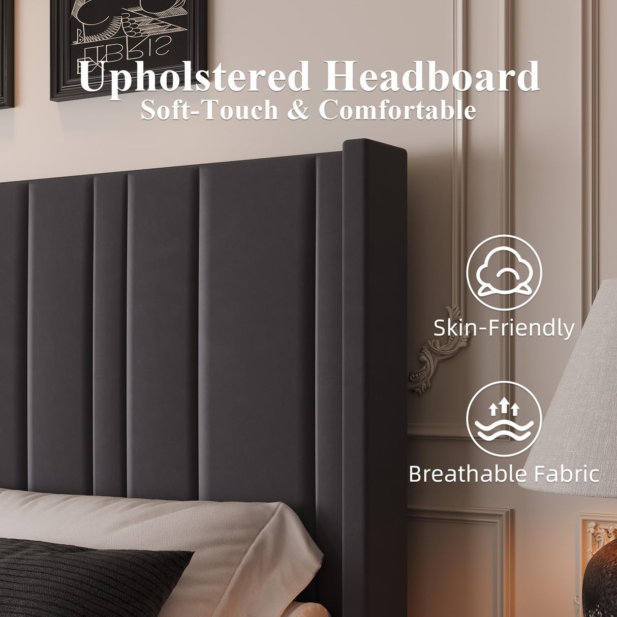 King Size Bed Frame and Headboard, Modern Velvet Upholstered Bed Frame with Vertical Channel Tufted Headboard & Footboard, Soft Bed Frame King, Noise Free, No Box Spring Needed, Easy Assembly, Grey HOMBCK