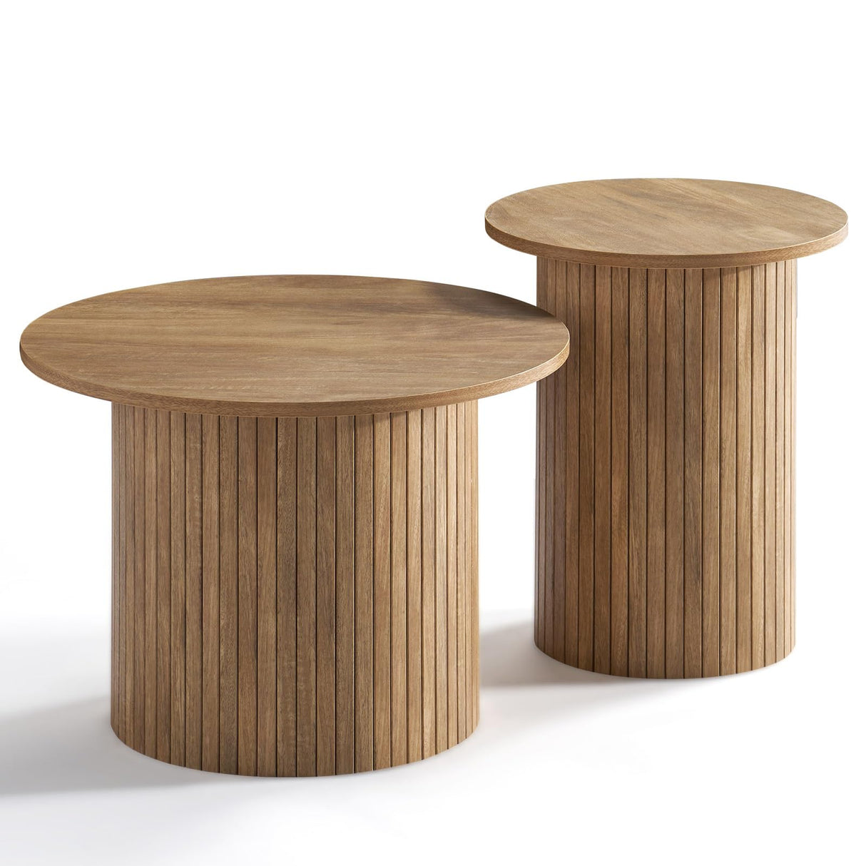 LUXOAK Nesting Coffee Table Set of 2, Mid Century Modern Round Coffee Table, Wood Slat Side Table Set for Living Room, Office, Balcony, Natural Finish LUXOAK